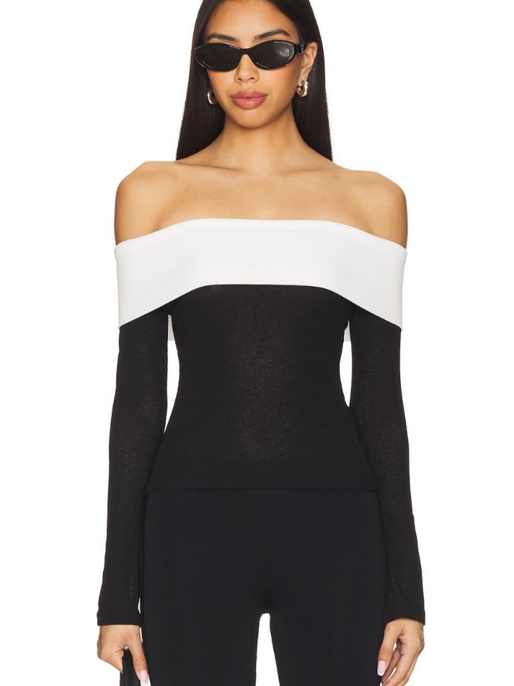 ALL THE WAYS Monica Off Shoulder Top in Black & White long sleeve knit